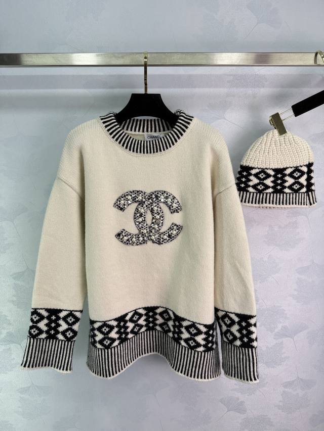 Ch*25 Autumn/Winter New Classic Sweater, Off-white with Black and White Diamond