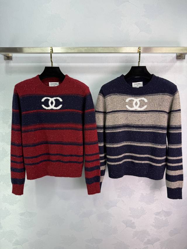 Ch*25 Autumn/Winter New Knitted Round Neck Pullover with Color Block Stripe Trim