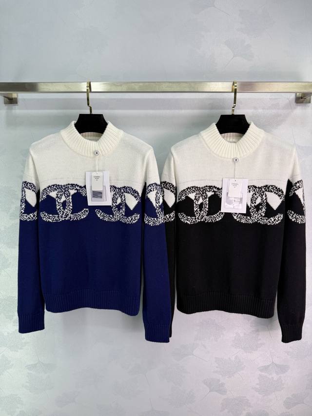 Ch*25 Early Autumn New Double C Sweater, Black and White Color Block Design, Cla