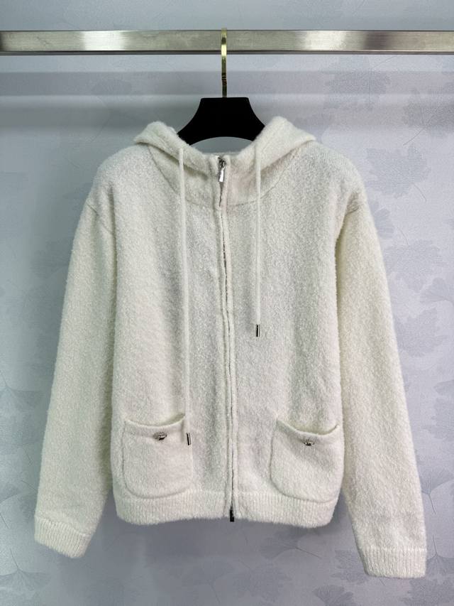 Ch*25 Autumn/Winter New Hooded Knit Cardigan: Black with white Chanel logo on th