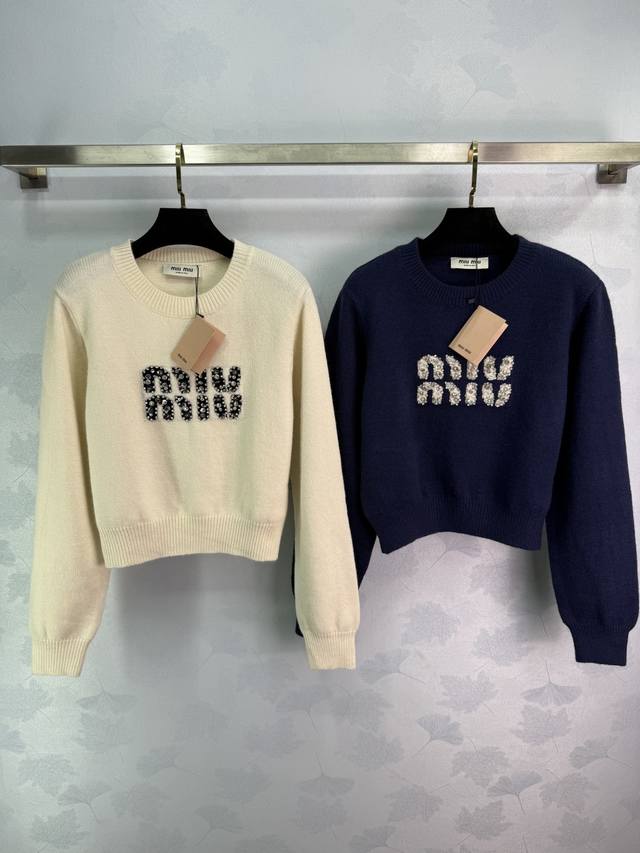 Miumi*25 Early Autumn New Knitted Crew Neck Pullover Classic Brand Letter Logo H