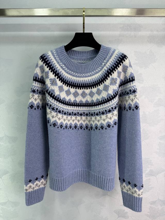 Miu*25 Autumn/Winter New Style Misty Blue Fair Isle Wool Knit Sweater Classic No