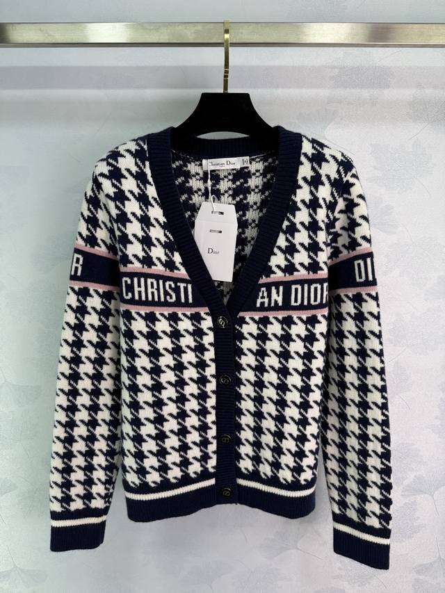 Dio* 2025 Autumn/Winter New V-neck Knit Cardigan - Black and white houndstooth,