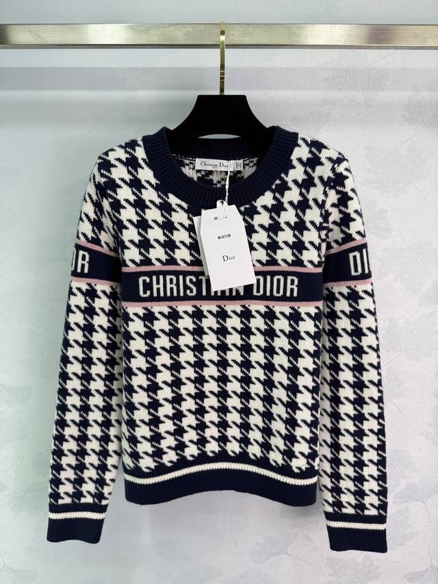 Dio* 2025 Autumn/Winter New Round Neck Knit Long Sleeve Black and White Houndsto