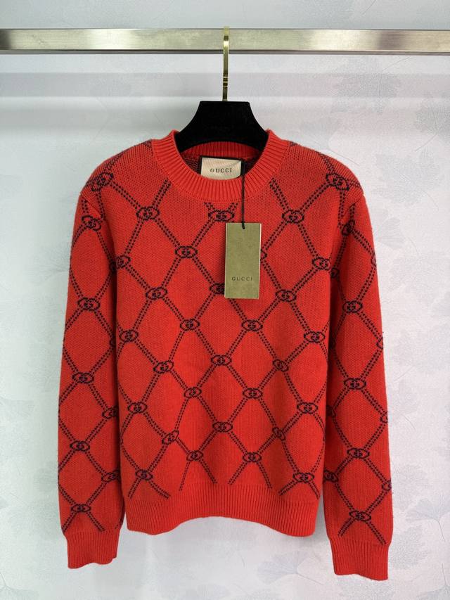 Gu*25 Autumn/Winter New Red Double G Diamond Pattern Sweater. Classic all-over p