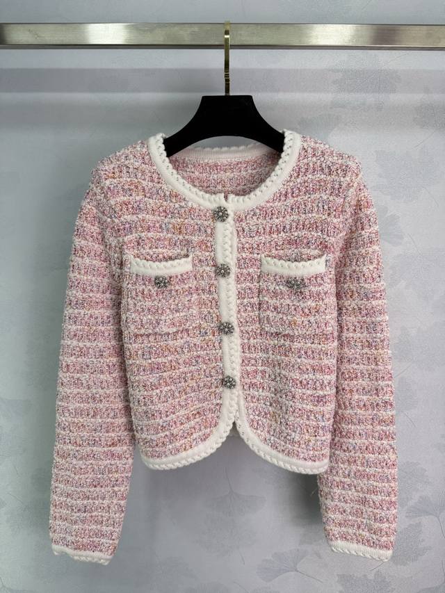 Ch*25 Autumn/Winter New Knit Cardigan, White Woven Trim with Pearl Buttons, Doub