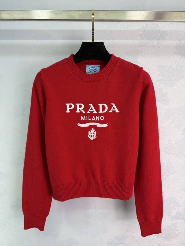 pr*25 Autumn/Winter New Logo Jacquard Red Sweater. Made of high-quality wool, so