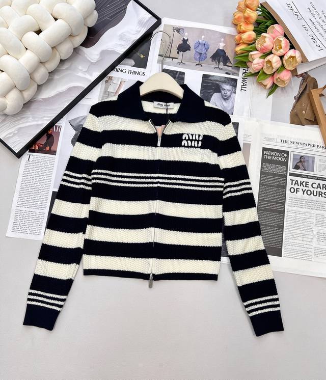 Miumiu 2025 New Style Striped Knit Cardigan with Lapel Collar. Made with custom