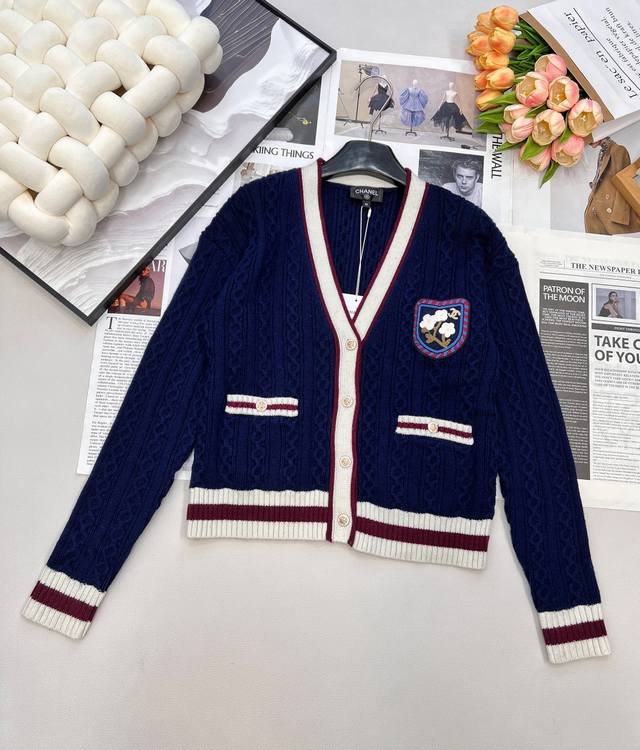 Chanel 2025 New V-Neck Cable Knit Cardigan with Color Blocking. Made with custom