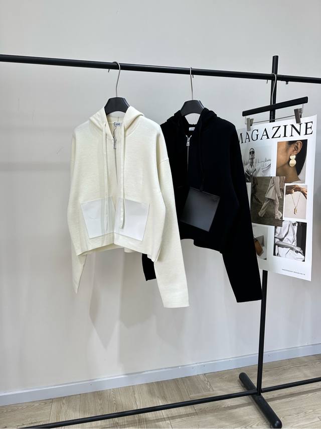 Loe Black and White Leather Pocket Hooded Zip-Up Cardigan DDD, Fabric: Wool Blen