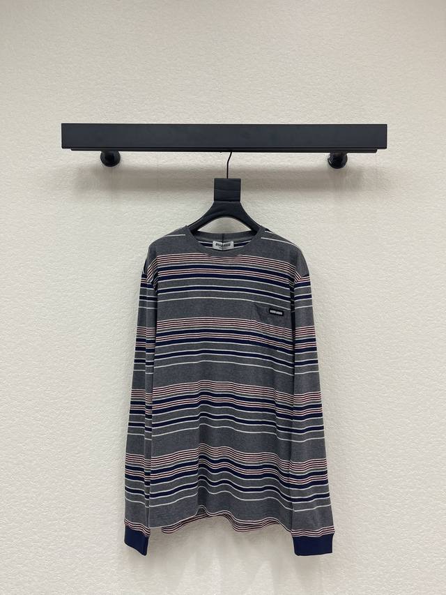 Miumi*25 New Oversized Striped Long-Sleeve T-Shirt. Made of custom Yb twill cott