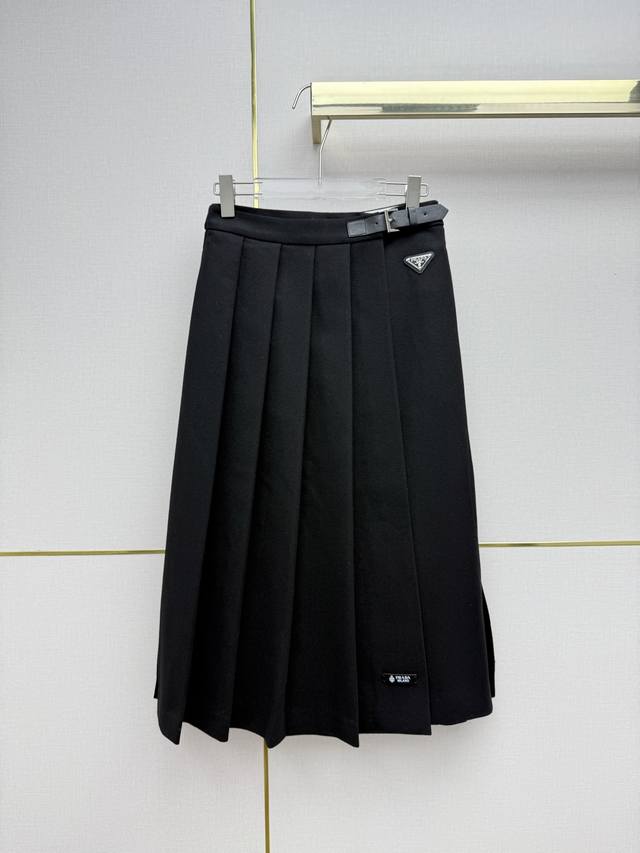 prad* 25Ss Autumn/Winter New Leather Button Pleated Skirt with Wool Fabric, Smal