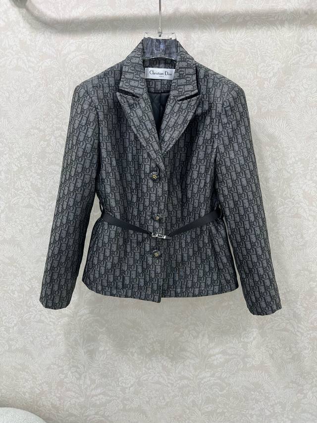 Dio*25 New Grey D-Letter Monogram Jacquard Quilted Belt Suit Jacket. Custom Cd H
