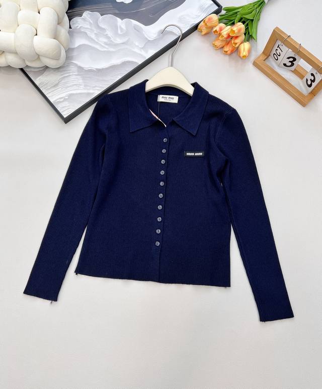 Miumiu 2025Ss New Solid Color Lapel Versatile Knit Cardigan, Custom Yb Wool Yarn