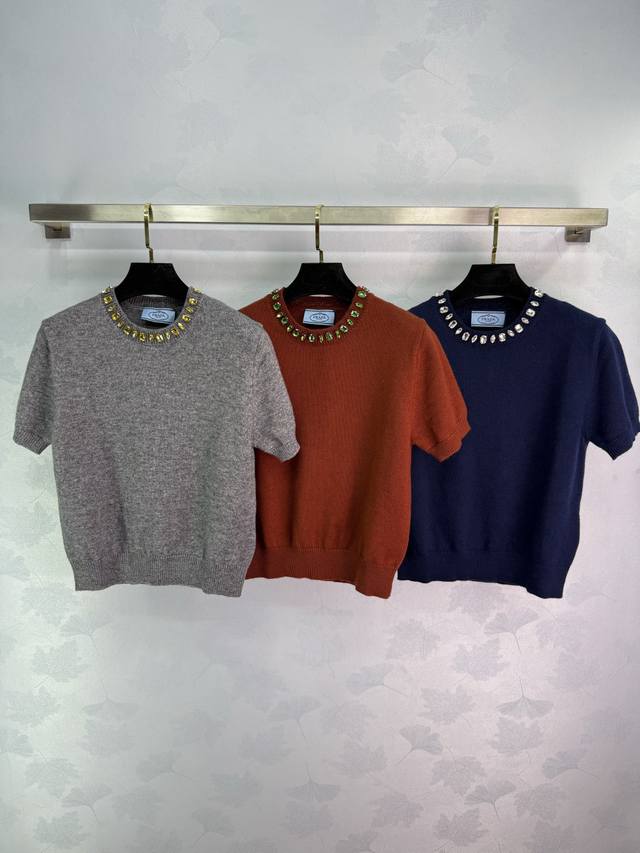 prad* 2025 Autumn/Winter New Heavy-Duty Rhinestone Knit Short-Sleeve T-Shirt! Ma