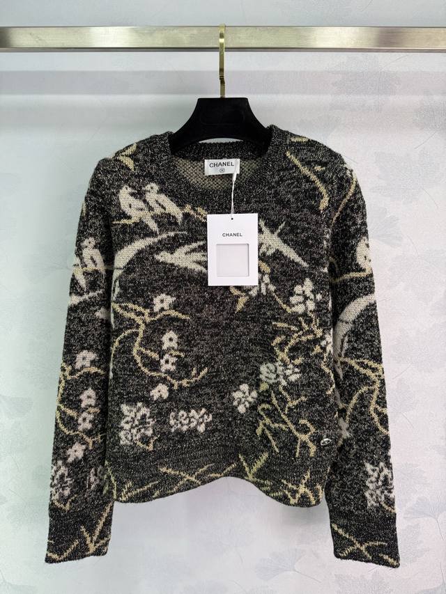 Ch*25A High-End Handmade Collection Floral and Bird Pattern Knit Sweater. The bl