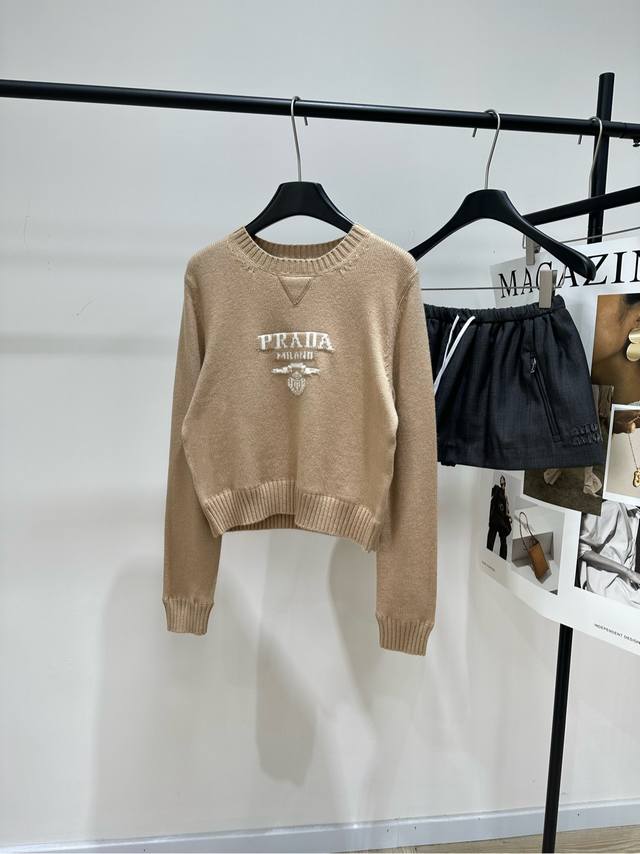 p Milk Tea Color Letter Jacquard Crew Neck Long Sleeve Sweater ., Fabric: Cashme