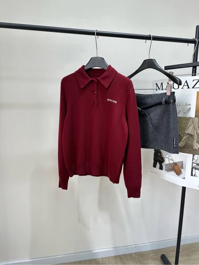 M Burgundy Three-Button Polo Long-Sleeve Sweater DDD. Fabric: Cashmere Blend Col