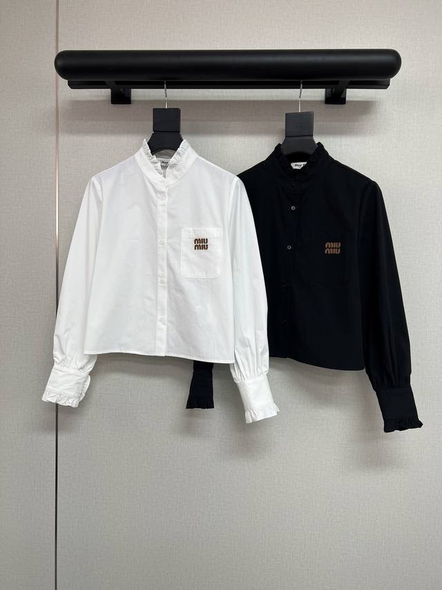 High-quality Miu Miu 2026 early spring new style Stand collar ruffled shirt wit