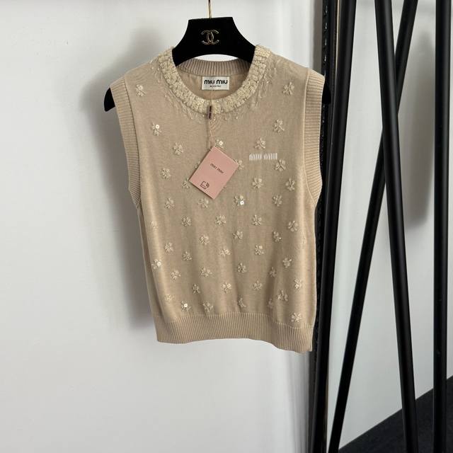 Style No. 20257413 Miumi* New Logo Letter Heavy Beaded Wool Knit Vest, Apricot,