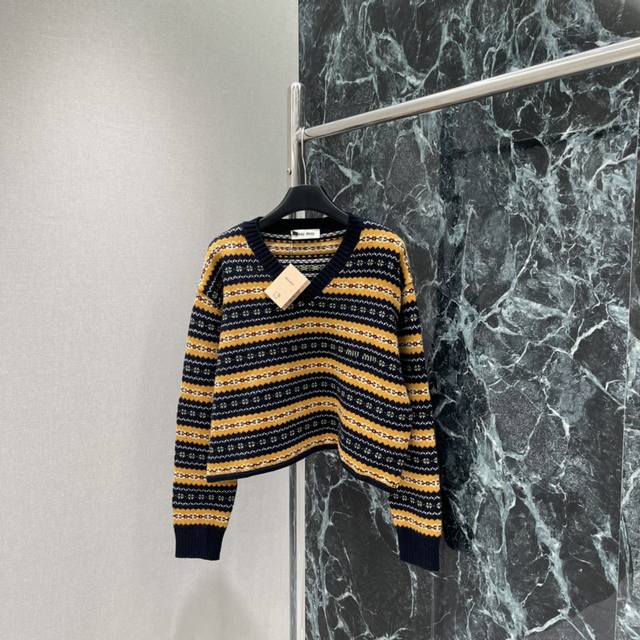 Miu Fall/Winter 2025 Fair Isle Jacquard Short Sweater, Navy Blue + Yellow Color-