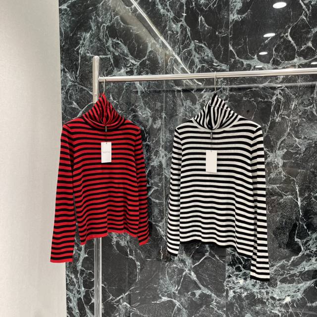 Val 2025 Autumn/Winter New Striped Turtleneck Sweater, Red and Black Color Schem