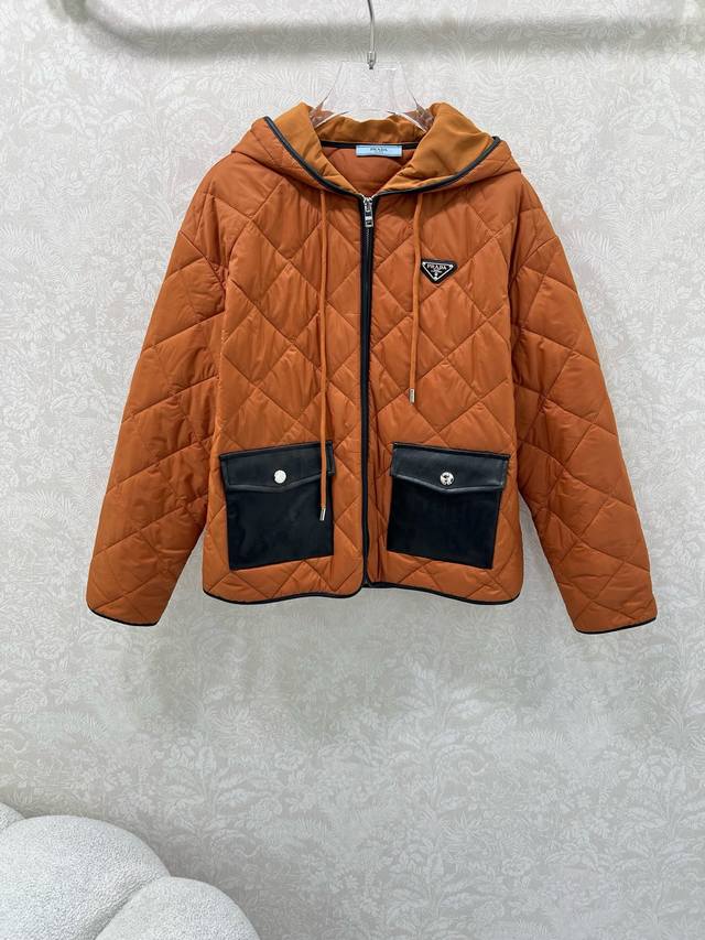 prad*25 New Hooded Diamond Pattern Cotton Coat - The superb Hermes orange breaks