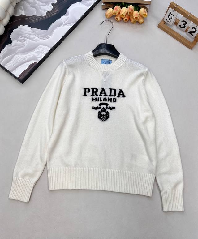 Prada Classic Fashionable Versatile Letter Pattern Jacquard Crew Neck Long Slee