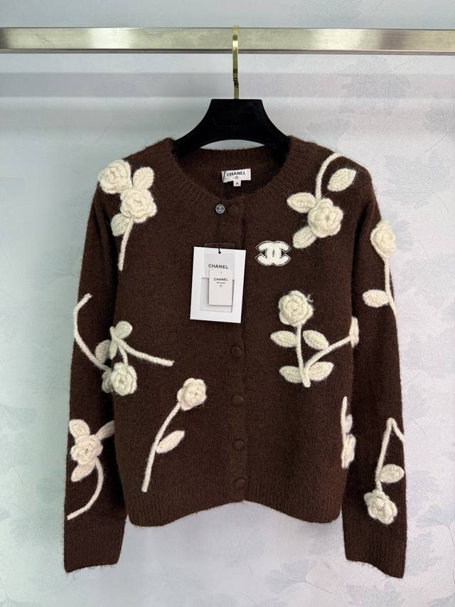 Ch*25 Autumn/Winter New Knit Cardigan, Handmade 3D Flowers + Double C Logo, Full
