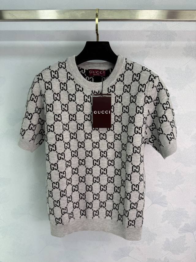 Gucc* 2025 Early Autumn New Jacquard Knit Double-Sided Round Neck Short-Sleeve T