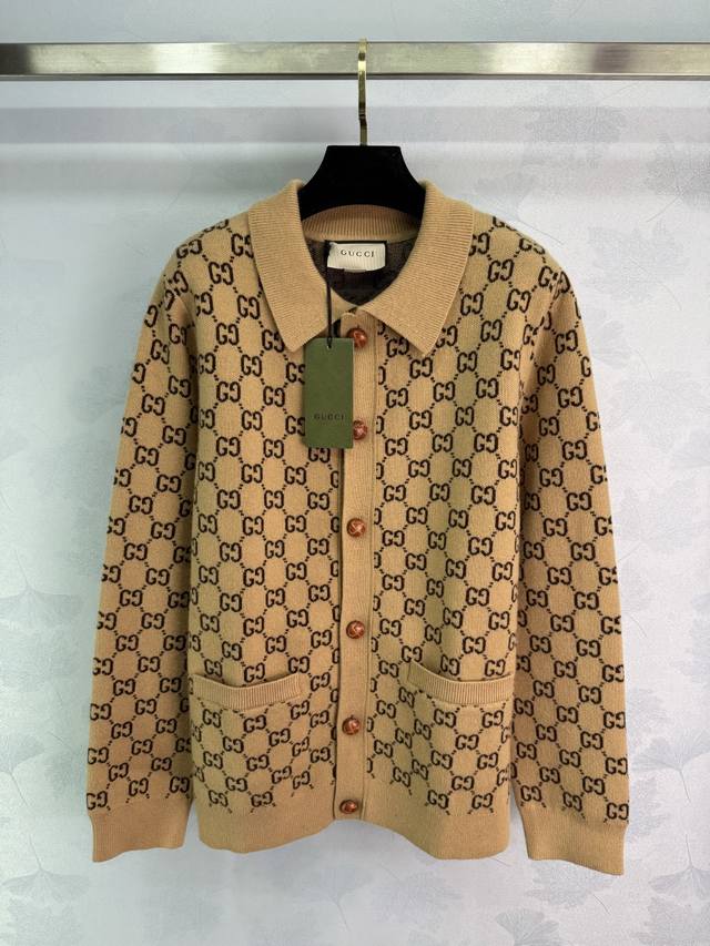 Gu*25 Autumn/Winter New Gg Monogram Wool Cardigan, camel main color + classic do