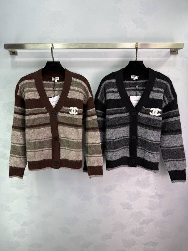 Ch*25 Autumn/Winter New Retro Striped Knit Cardigan, Low-Saturation Coffee + Dar