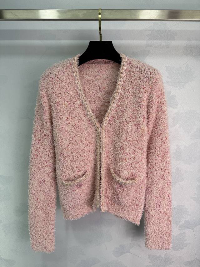Ch*25 Autumn/Winter New Peach Pink Deep V-Neck Knit Cardigan, featuring a fringe