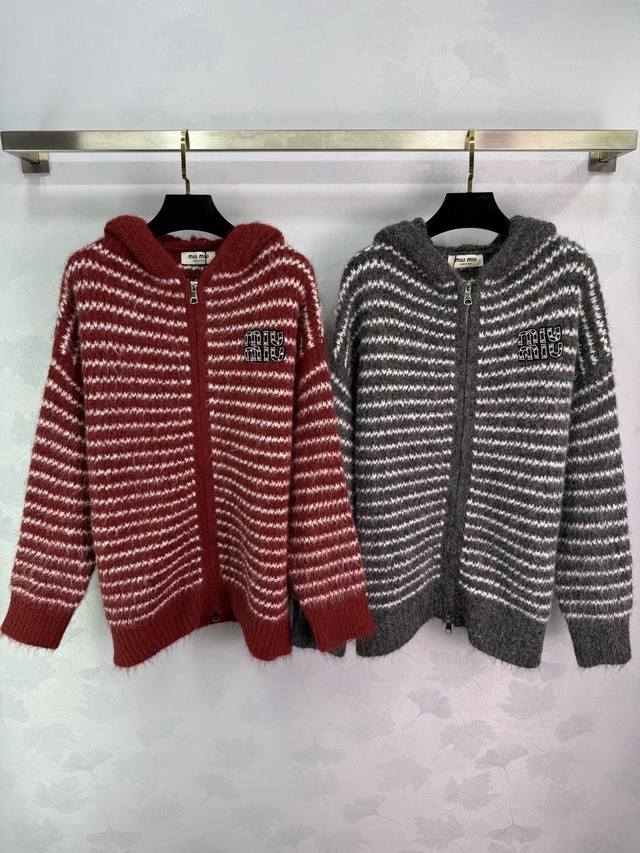 Miu*25 Autumn/Winter New Striped Knit Hooded Jacket. The soft material is incred