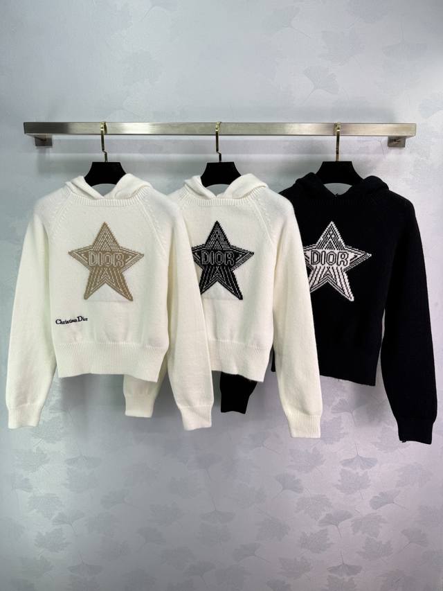 Dio*25 Autumn/Winter New Star Embroidered Hooded Knit Sweater, Soft Wool Materia