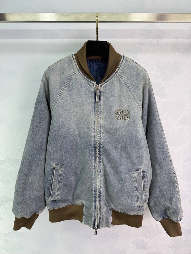 Miumi*2025 Autumn/Winter New Color-Blocked Ribbed Zipper Denim Cotton Jacket, Cu