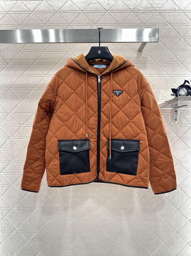 prad*2025 New Arrival Hooded Cotton-padded Jacket with Leather Pockets Custom-ma