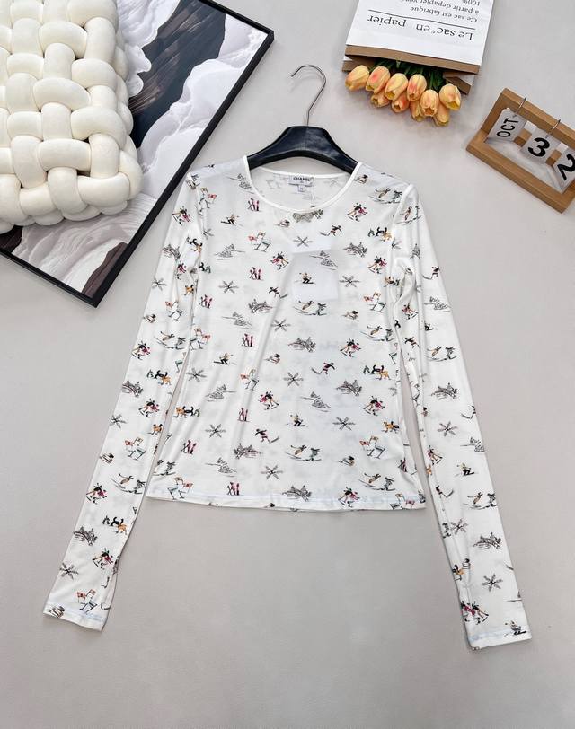 Chanel 2025 New Crew Neck Printed Long Sleeve T-Shirt, 25Coco Ski Collection# Cu