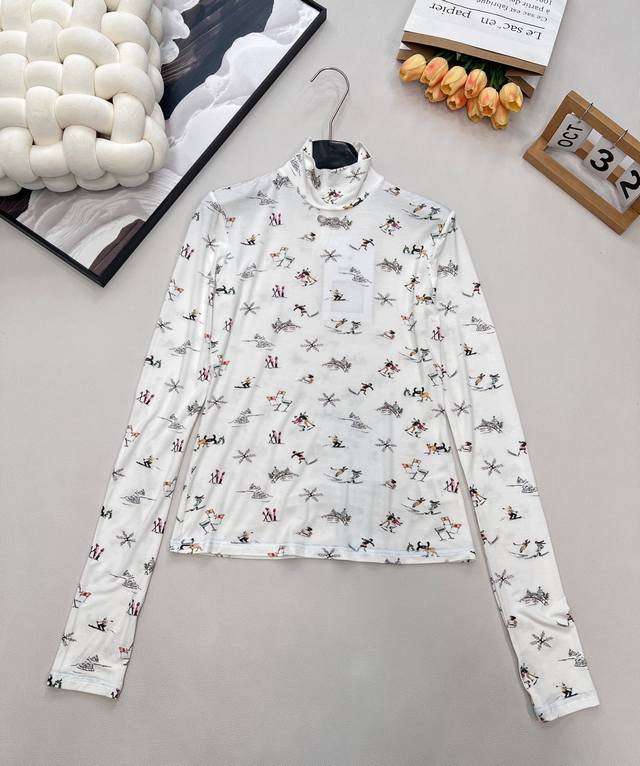Chanel 2025 New Printed High-Neck Long-Sleeve T-Shirt, 25Coco Ski Collection# Cu