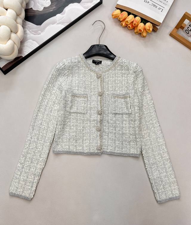 Chanel 2025 New Crew Neck Beaded Knit Cardigan, custom Yb wool knit material, hi
