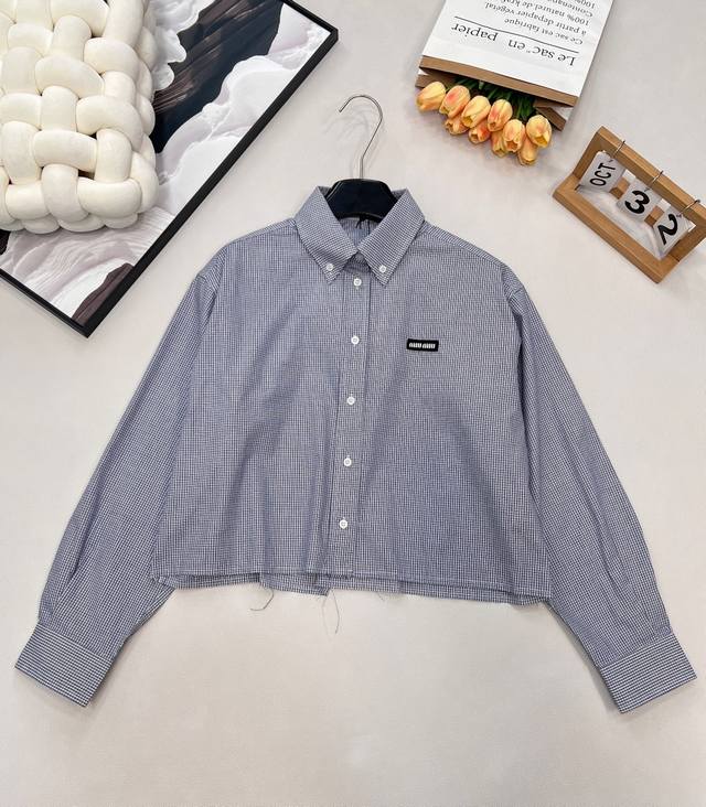 Miumiu 2025 New Letter Patchwork Short Plaid Shirt, made of custom imported Yb c