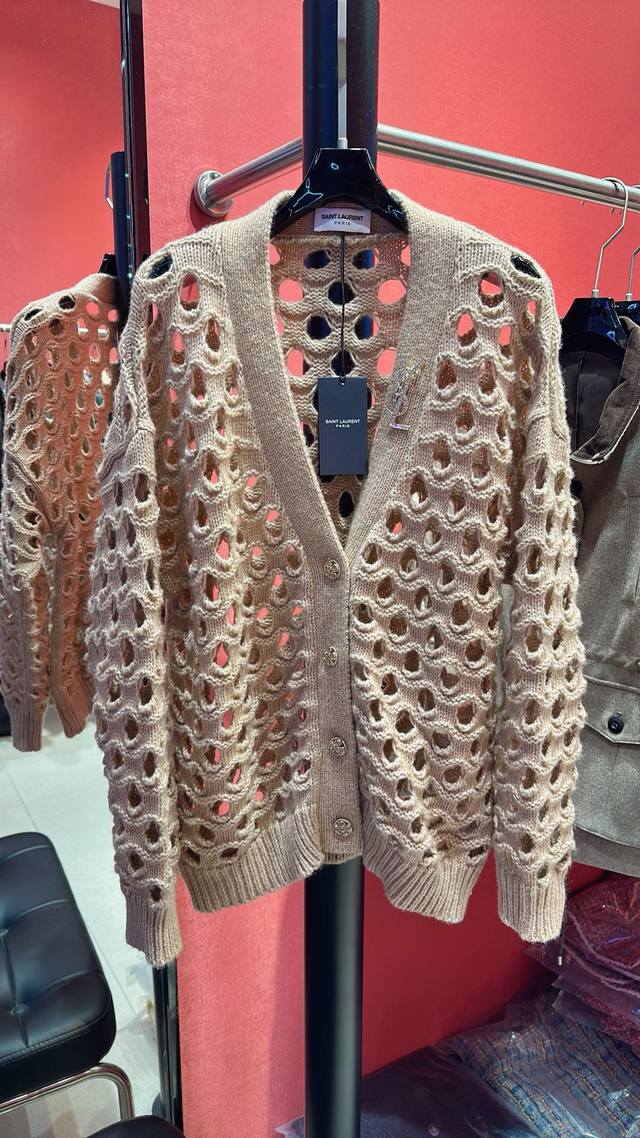 Saint Lpauren *Saint Laurent openwork crochet knit cardigan with a relaxed style