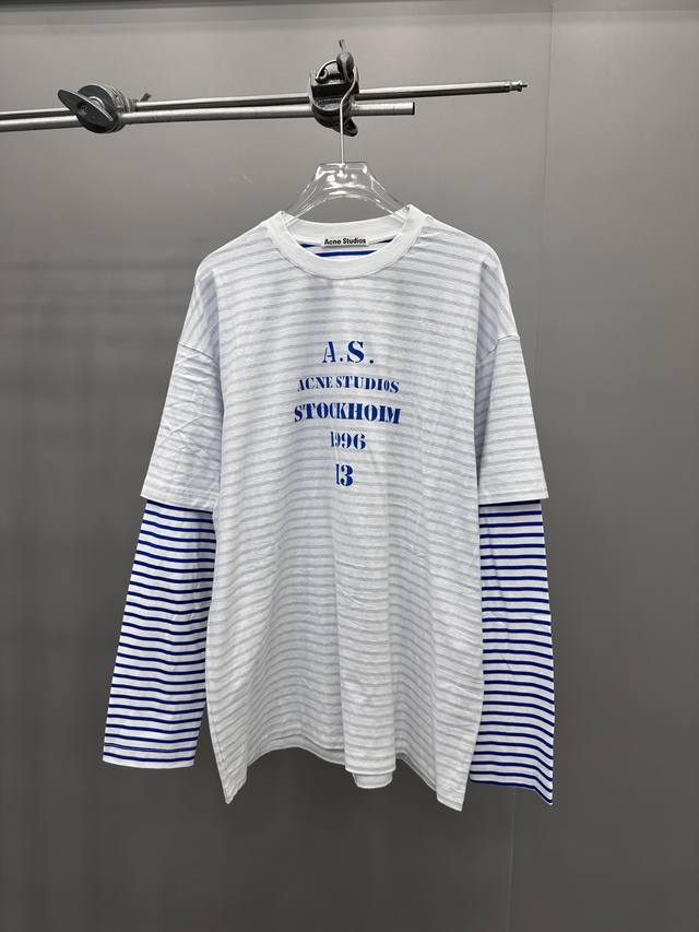 Acne | New Faux Two-Piece Long-Sleeve T-Shirt, Garment Wash Print, Striped Print