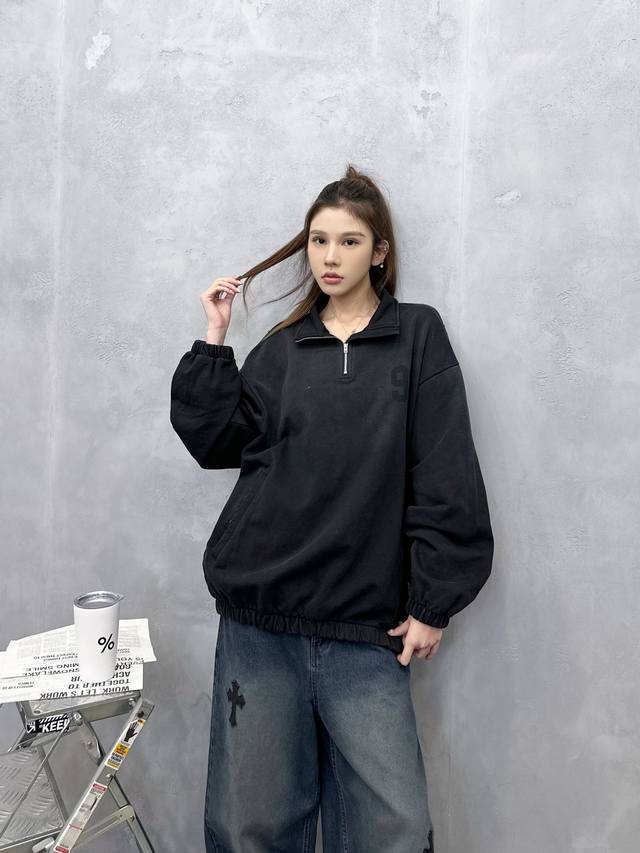 Acne | New sweatshirt, garment-washed printed with distressed finish, zip-up col