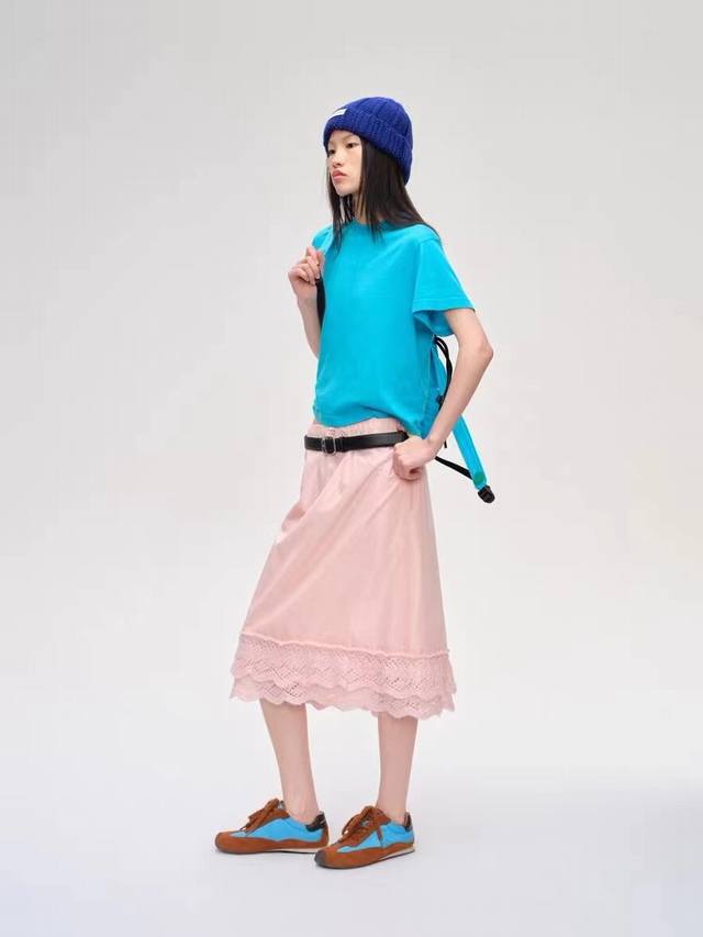 Shor* 2025 Early Autumn New Style Midi Skirt with Double-Layer Lace Trim Hem - A