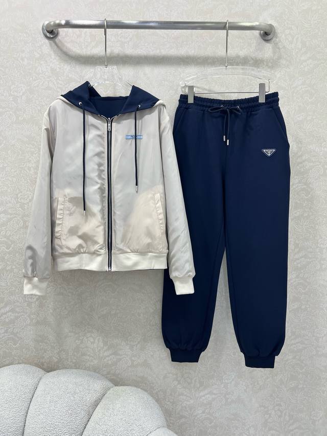Reversible Prad*25 New Set: Reversible Hooded Zipper Jacket and Wide-Leg Pants.