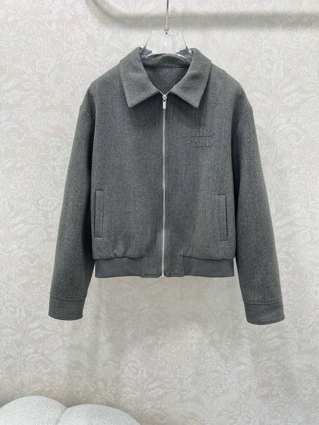 Miumi*25 New Wool Coat, Premium Grey/Milk Tea Series, Lapel Zipper Jacket, Embro