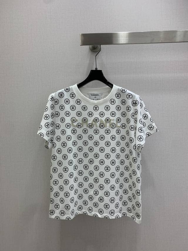 Highly recommend Cha* 2025 Autumn/Winter New Round Neck Printed Beaded Short-Sl