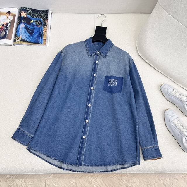 Miu 25Ss Early Autumn New Arrival Denim Shirt with Embroidered Logo, Custom Deni