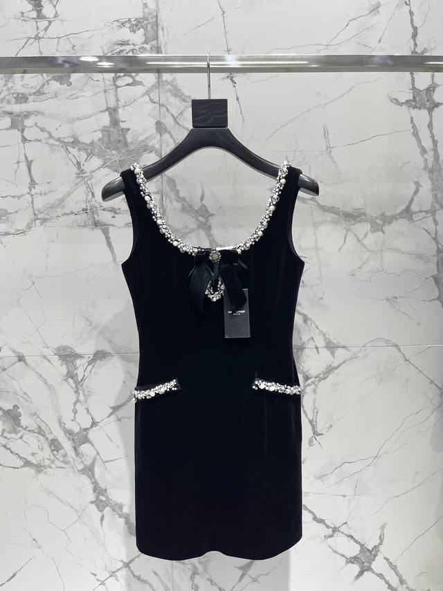 Saint Family Diamond-Studded U-Neck Black Velvet Vest Dress Sml DDD